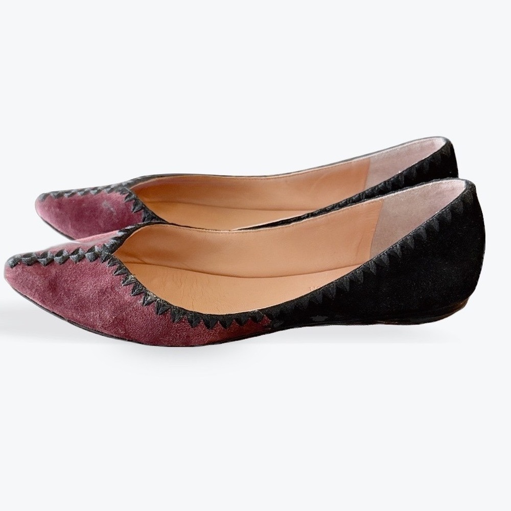 Sigerson Morrison Burgundy Black Suede Pointed Toe Whipstitch Flats‎ Size 8.5